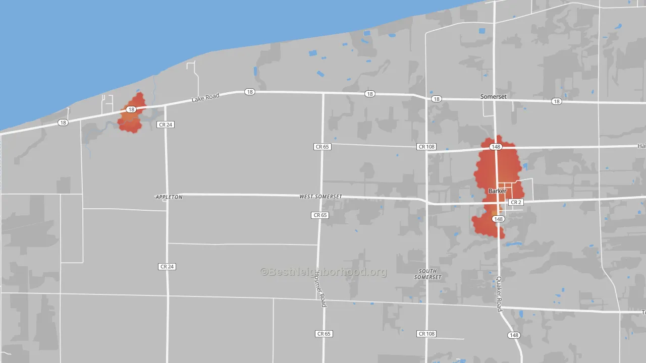 Walk Grade map of West Somerset, NY, walkable areas in green and car-dependent areas in red