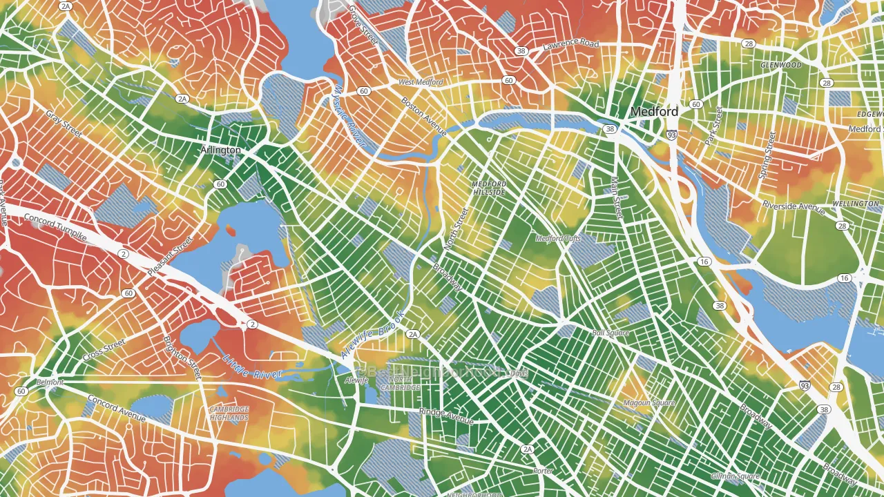 Walk Grade map of West Somerville, Somerville, MA, walkable areas in green and car-dependent areas in red