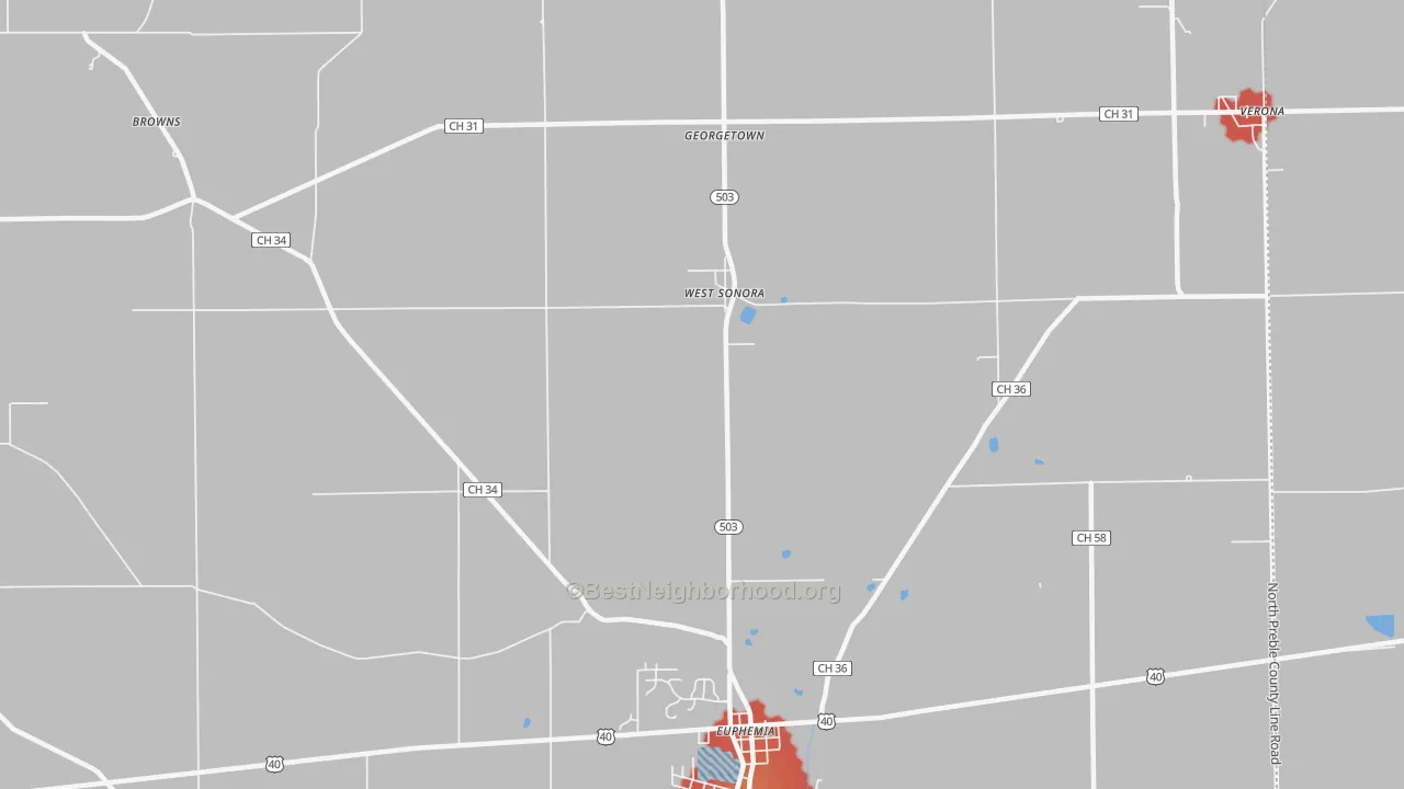 Walk Grade map of West Sonora, OH, walkable areas in green and car-dependent areas in red