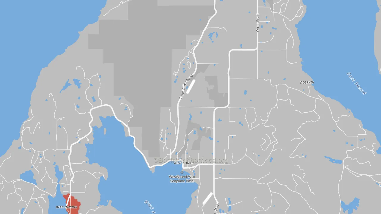 Walk Grade map of West Sound, WA, walkable areas in green and car-dependent areas in red