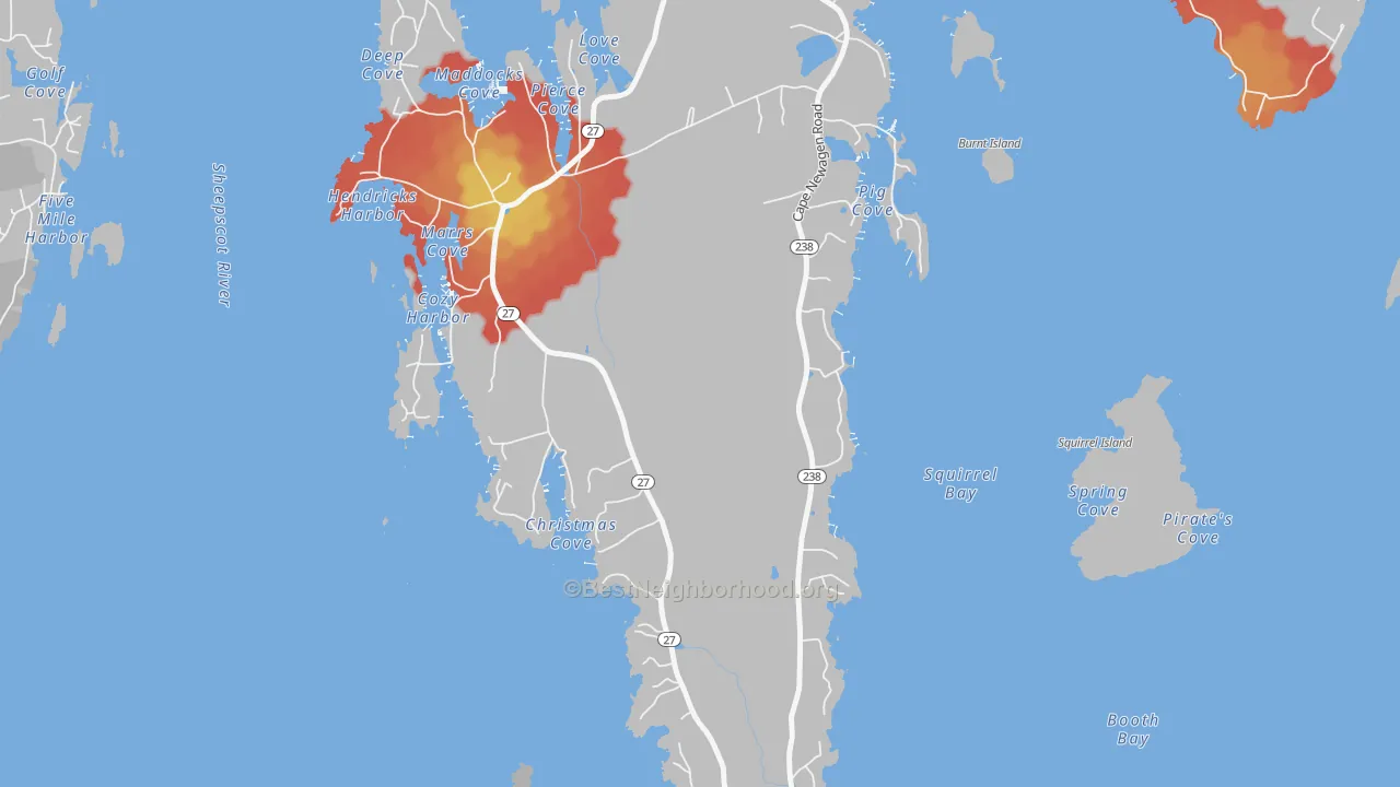 Walk Grade map of West Southport, ME, walkable areas in green and car-dependent areas in red