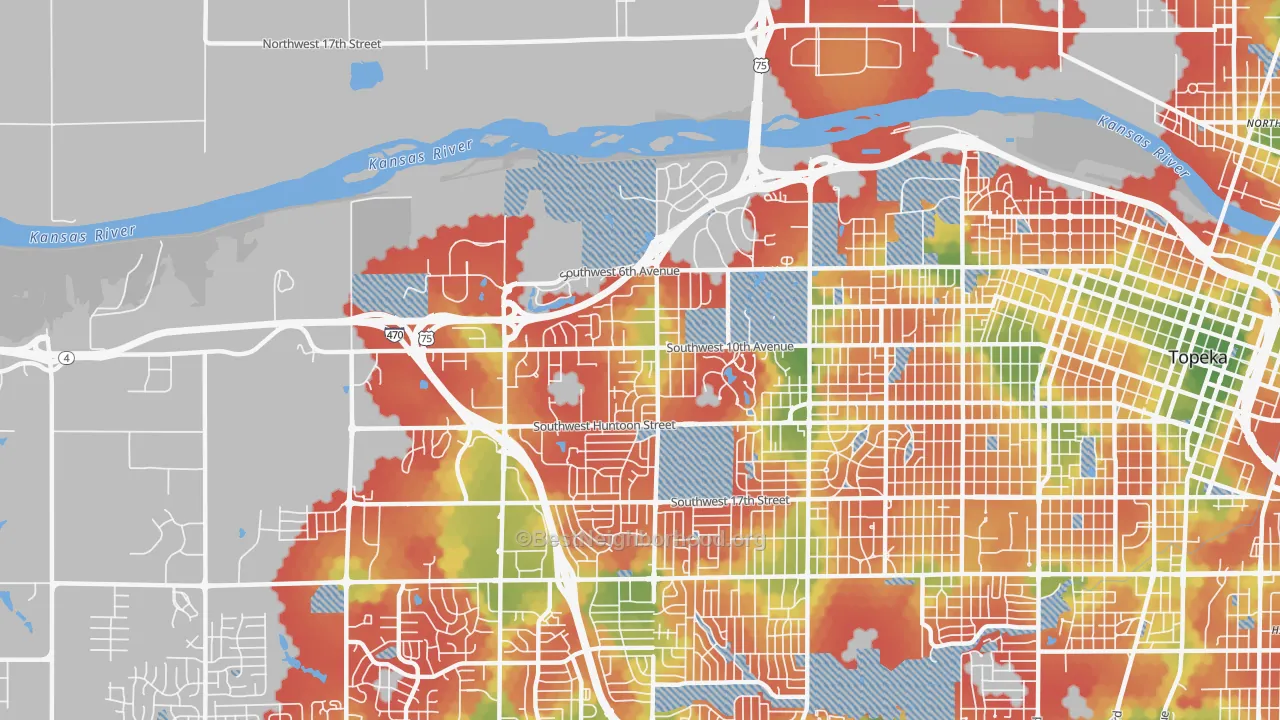 Walk Grade map of West Southwest 2, Topeka, KS, walkable areas in green and car-dependent areas in red