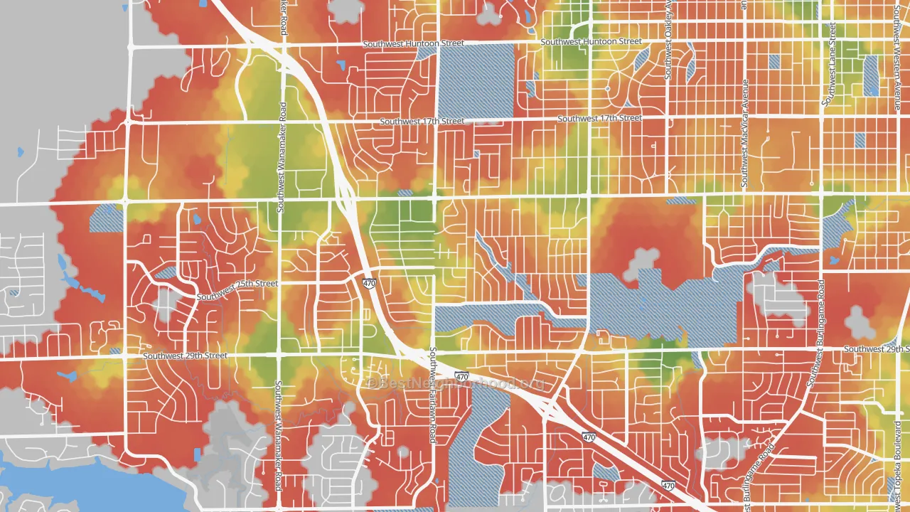 Walk Grade map of West Southwest 3, Topeka, KS, walkable areas in green and car-dependent areas in red