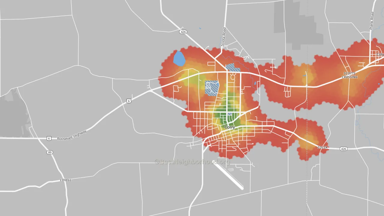 Walk Grade map of West Spring Creek, PA, walkable areas in green and car-dependent areas in red