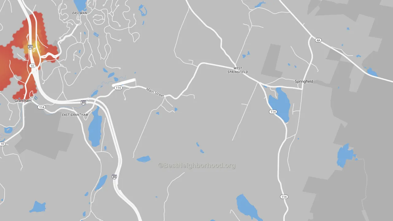 Walk Grade map of West Springfield, NH, walkable areas in green and car-dependent areas in red