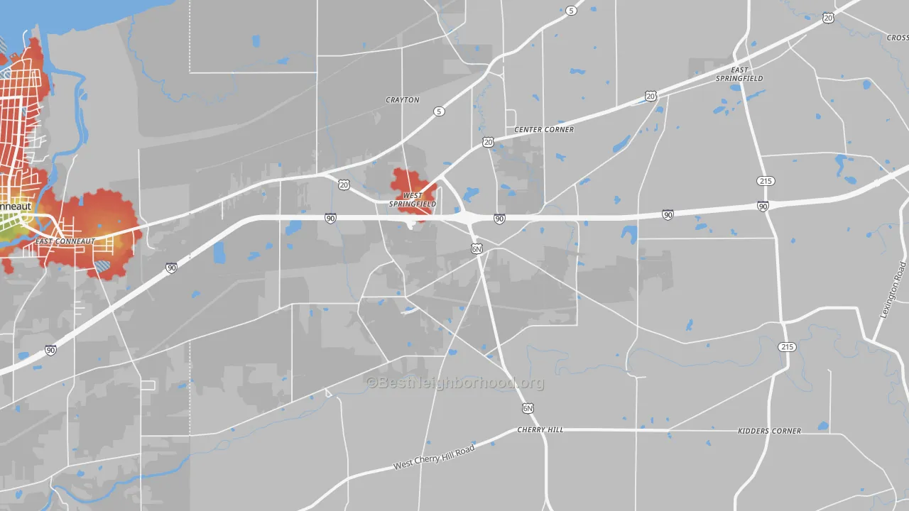 Walk Grade map of West Springfield, PA, walkable areas in green and car-dependent areas in red
