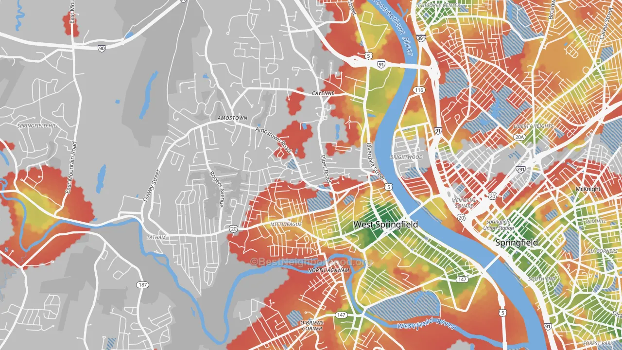 Walk Grade map of West Springfield Town, MA, walkable areas in green and car-dependent areas in red