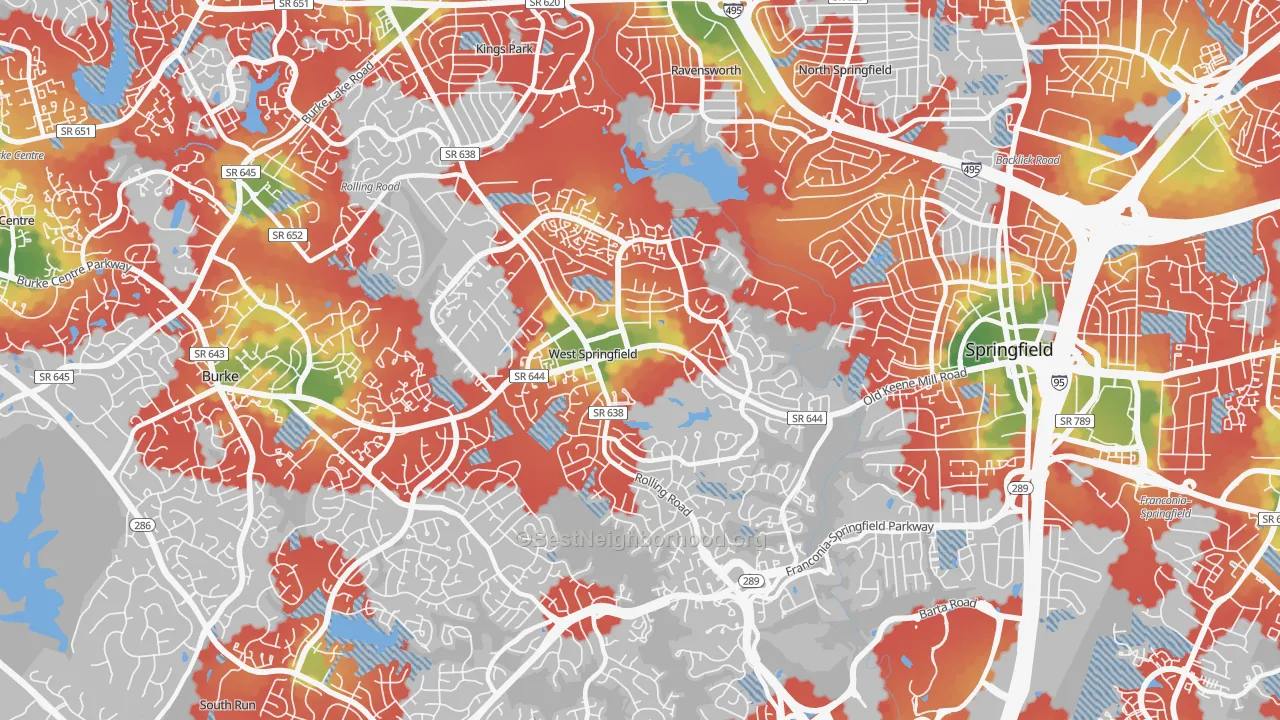 Walk Grade map of West Springfield, VA, walkable areas in green and car-dependent areas in red