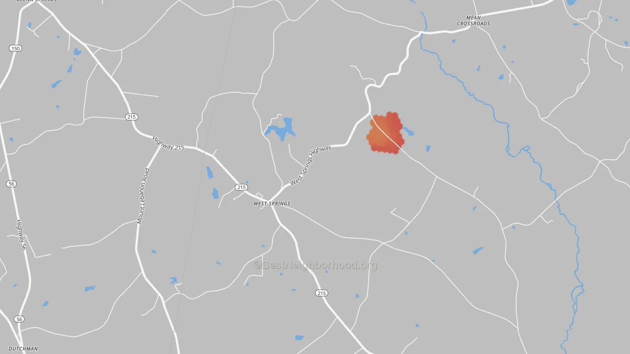 Walk Grade map of West Springs, SC, walkable areas in green and car-dependent areas in red