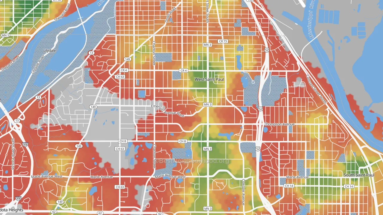 Walk Grade map of West St. Paul, MN, walkable areas in green and car-dependent areas in red