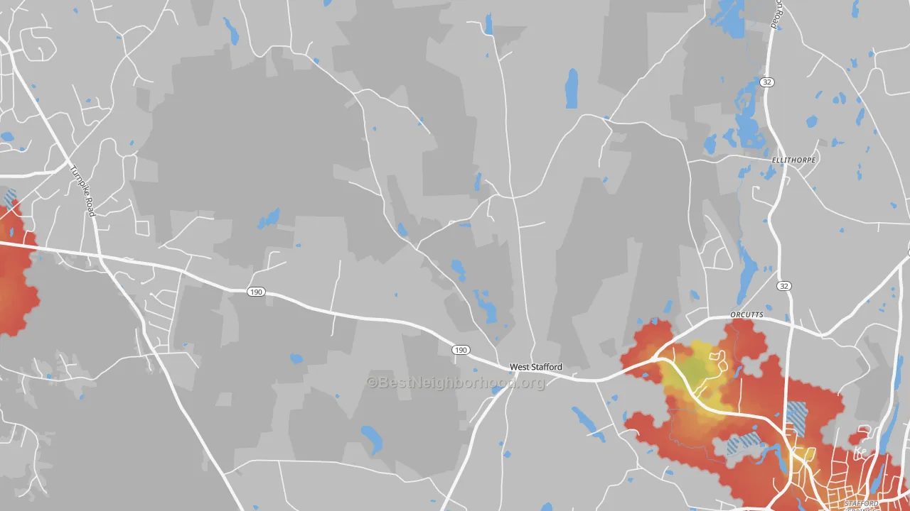Walk Grade map of West Stafford, CT, walkable areas in green and car-dependent areas in red