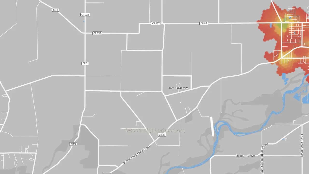 Walk Grade map of West Stayton, OR, walkable areas in green and car-dependent areas in red