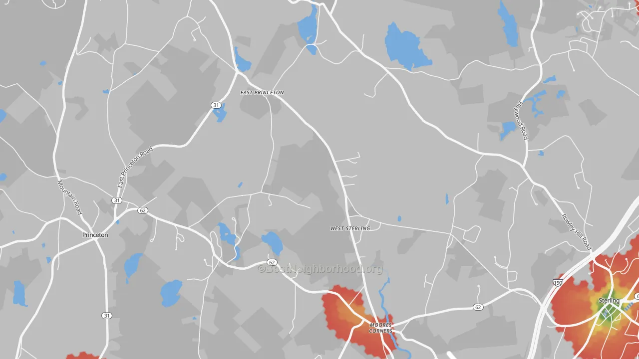 Walk Grade map of West Sterling, MA, walkable areas in green and car-dependent areas in red