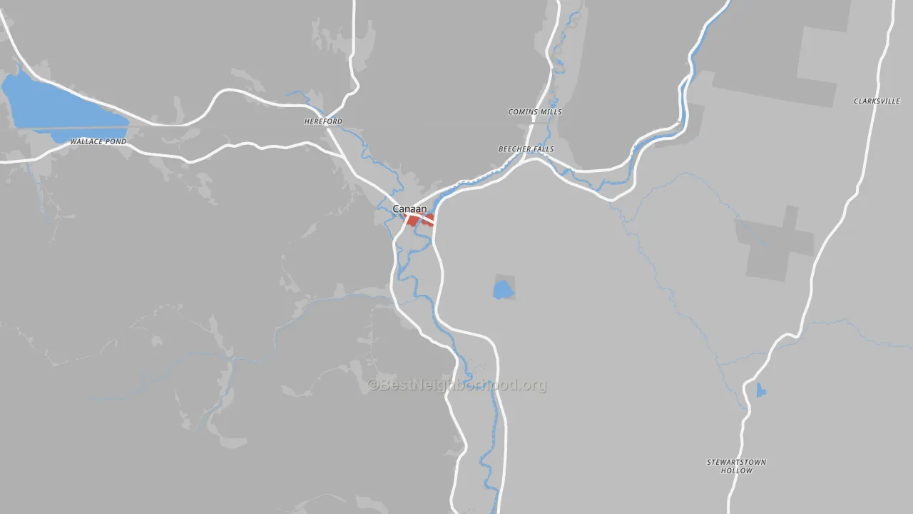 Walk Grade map of West Stewartstown, NH, walkable areas in green and car-dependent areas in red