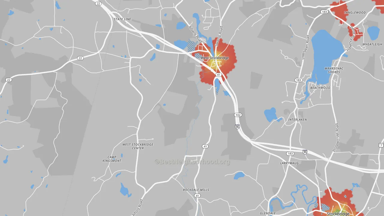 Walk Grade map of West Stockbridge, MA, walkable areas in green and car-dependent areas in red