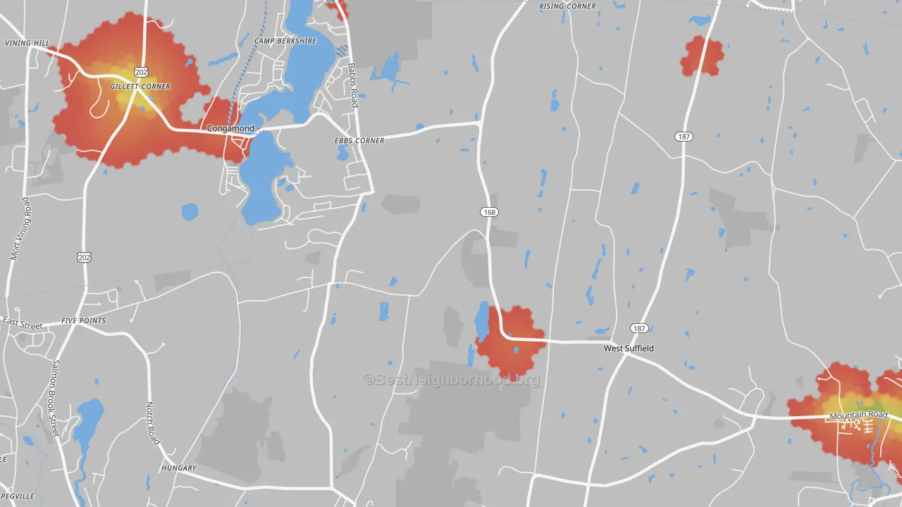 Walk Grade map of West Suffield, CT, walkable areas in green and car-dependent areas in red