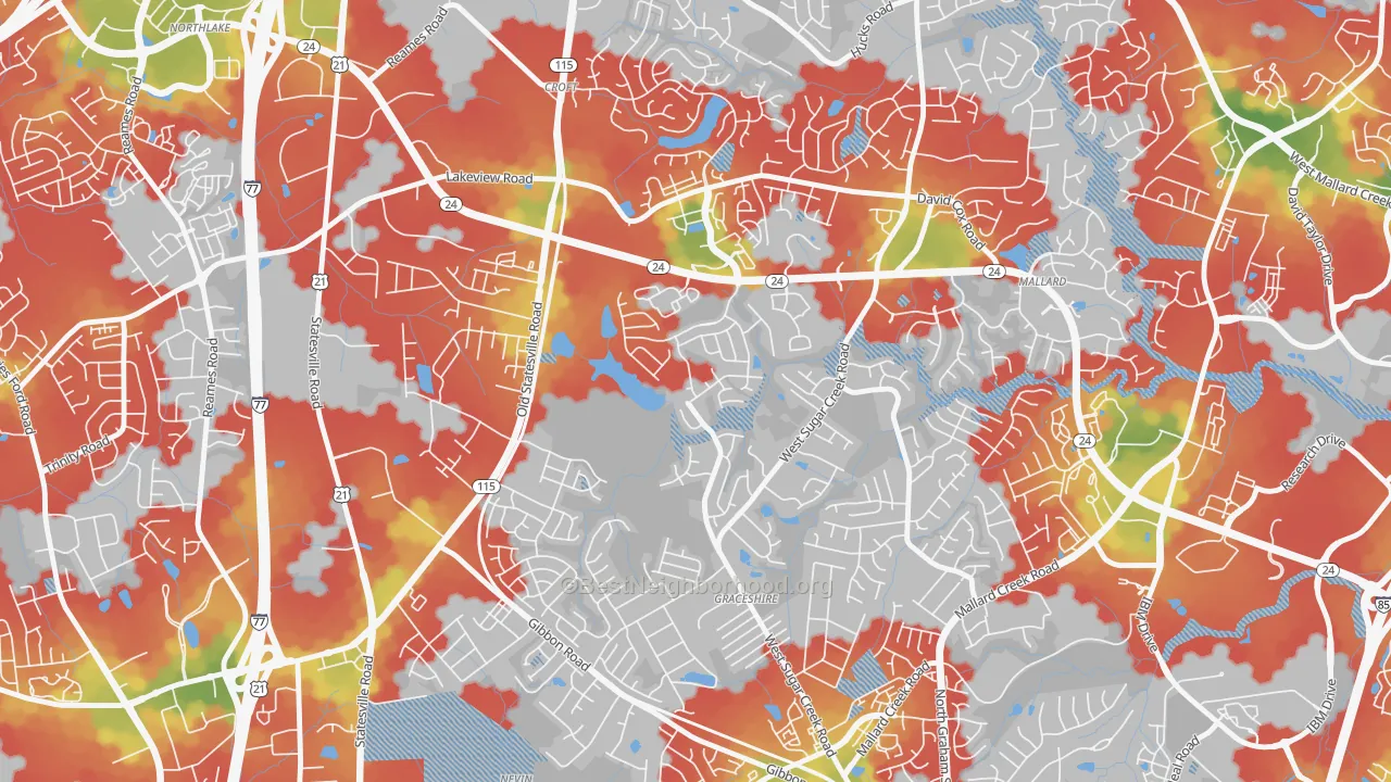 Walk Grade map of West Sugar Creek, Charlotte, NC, walkable areas in green and car-dependent areas in red