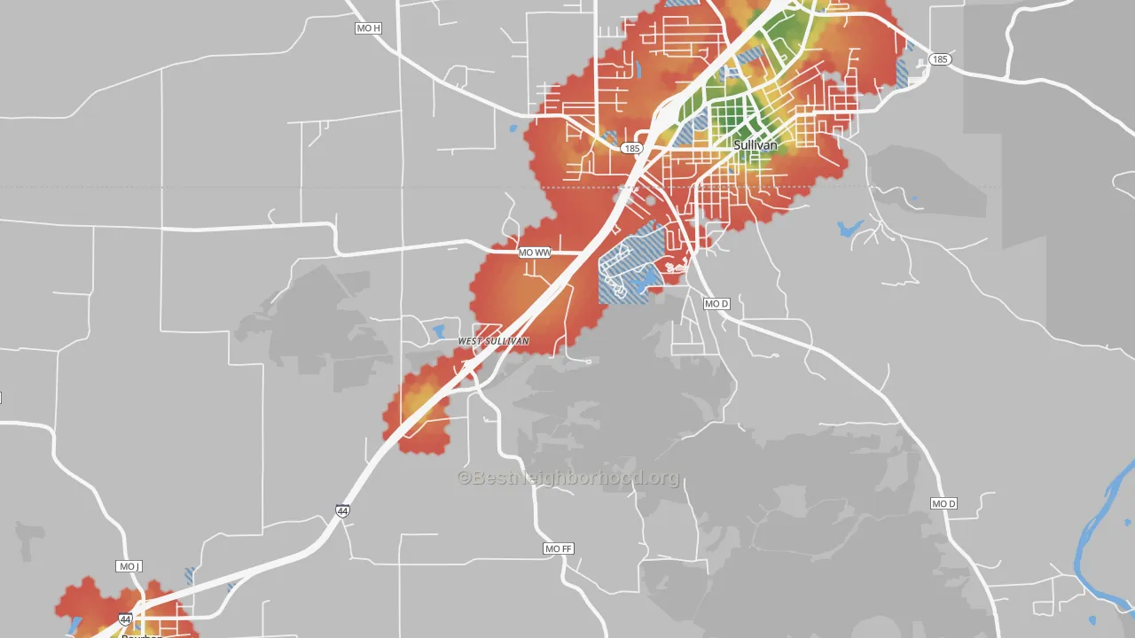 Walk Grade map of West Sullivan, MO, walkable areas in green and car-dependent areas in red
