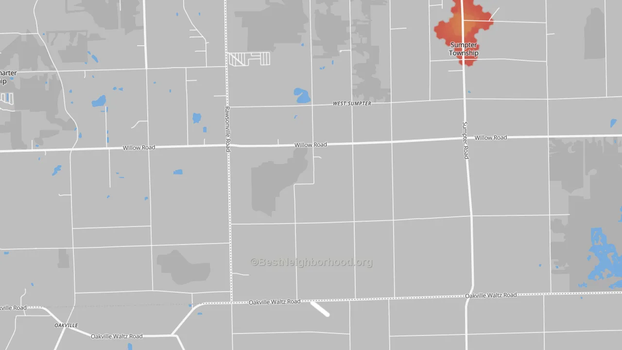 Walk Grade map of West Sumpter, MI, walkable areas in green and car-dependent areas in red