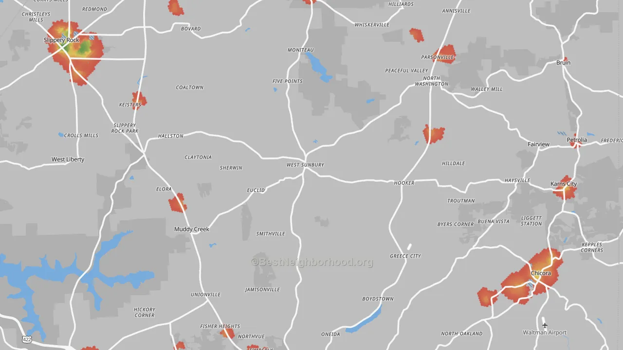 Walk Grade map of West Sunbury, PA, walkable areas in green and car-dependent areas in red