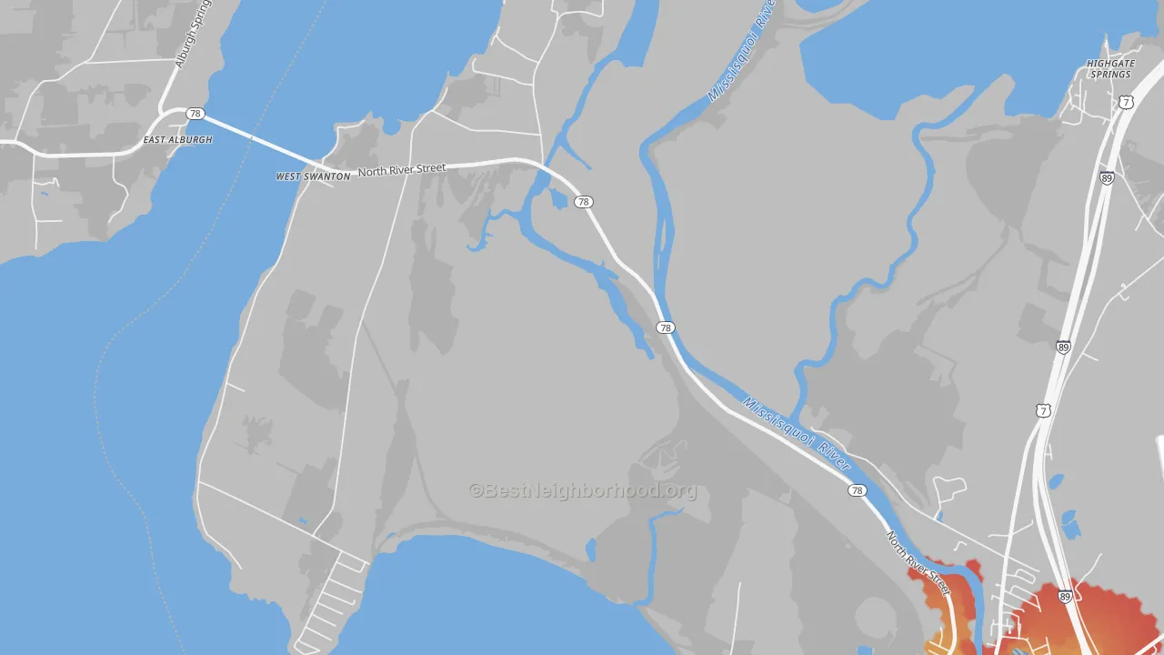 Walk Grade map of West Swanton, VT, walkable areas in green and car-dependent areas in red