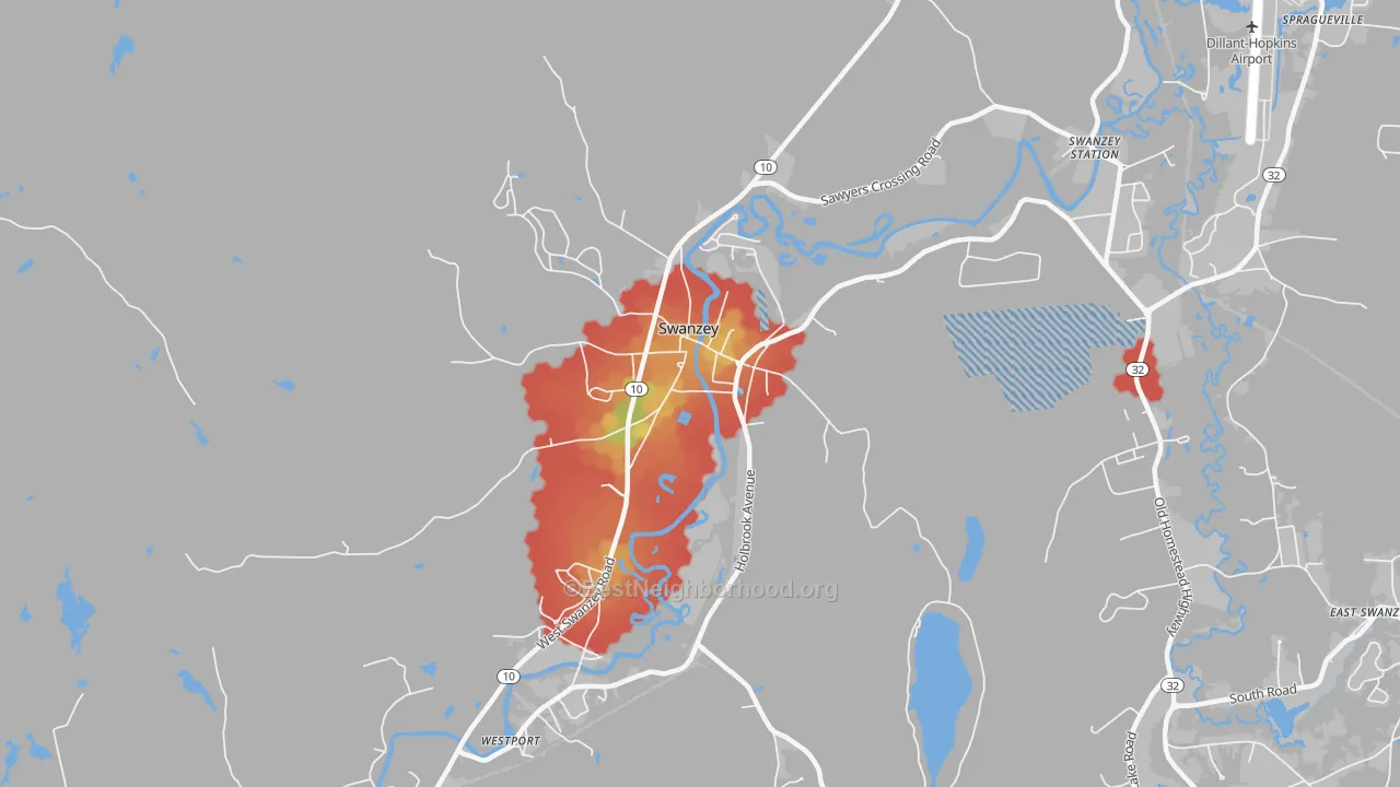 Walk Grade map of West Swanzey, NH, walkable areas in green and car-dependent areas in red