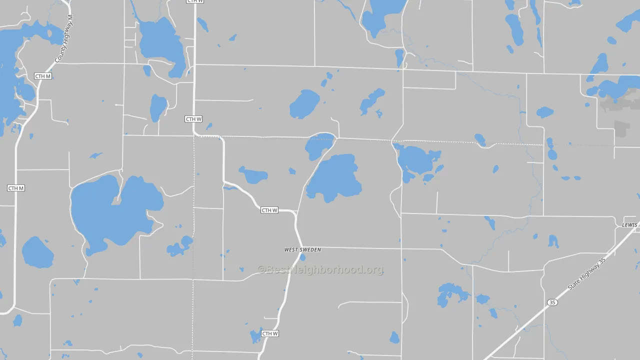 Walk Grade map of West Sweden, WI, walkable areas in green and car-dependent areas in red