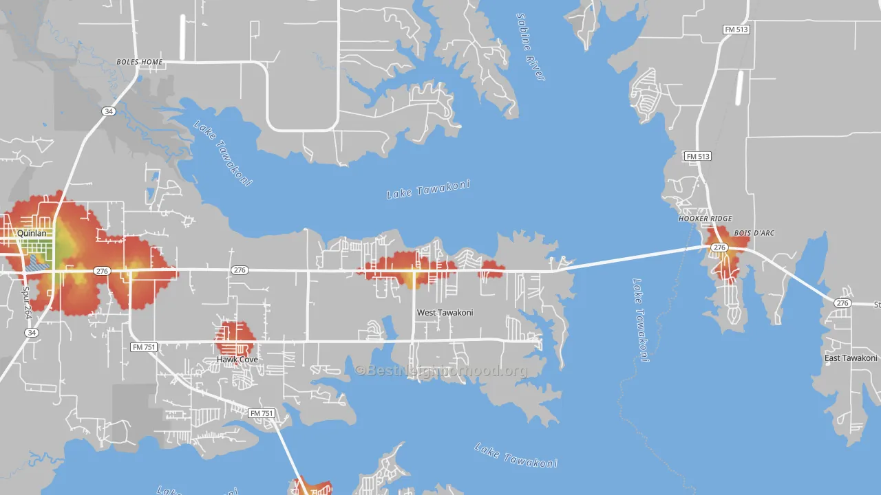 Walk Grade map of West Tawakoni, TX, walkable areas in green and car-dependent areas in red