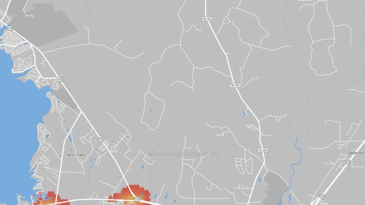Walk Grade map of West Tempe, TX, walkable areas in green and car-dependent areas in red