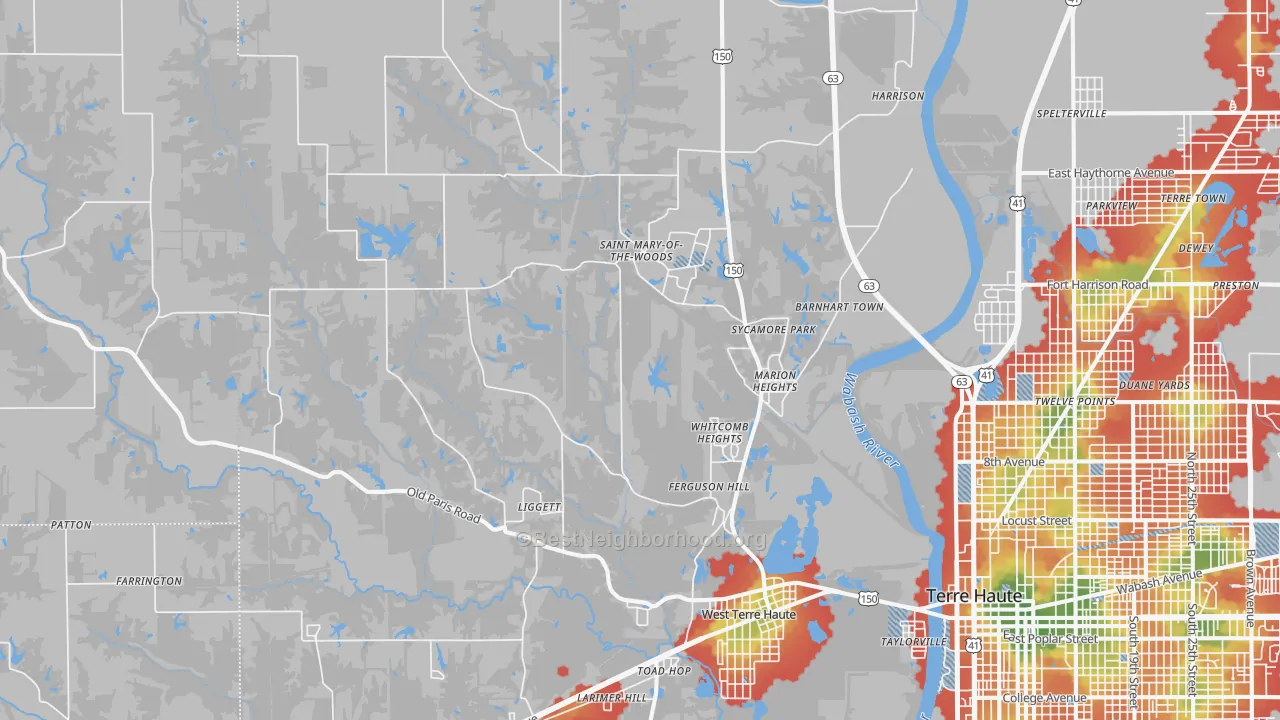 Walk Grade map of West Terre Haute, IN, walkable areas in green and car-dependent areas in red