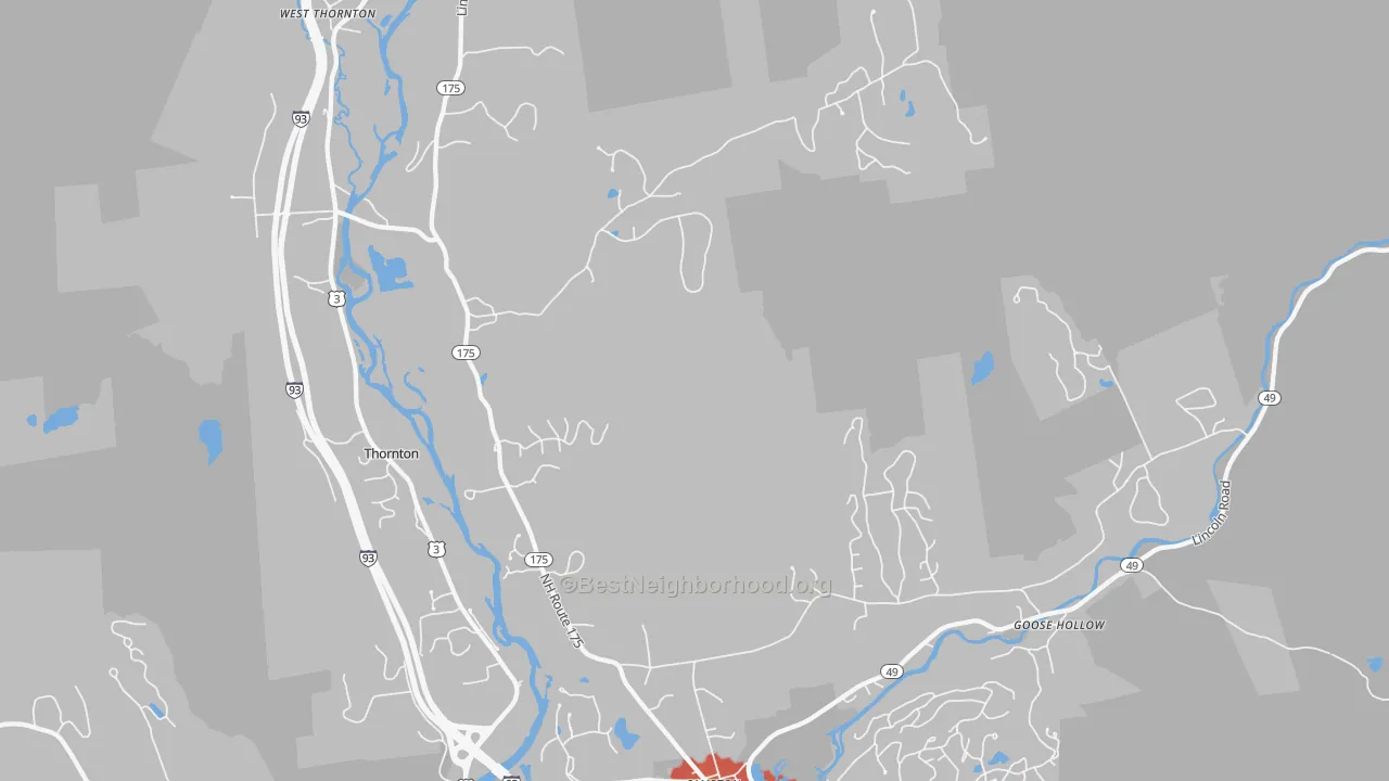 Walk Grade map of West Thornton, NH, walkable areas in green and car-dependent areas in red