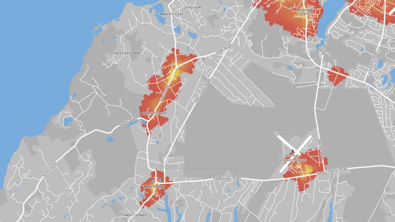 Walk Grade map of West Tisbury, MA, walkable areas in green and car-dependent areas in red