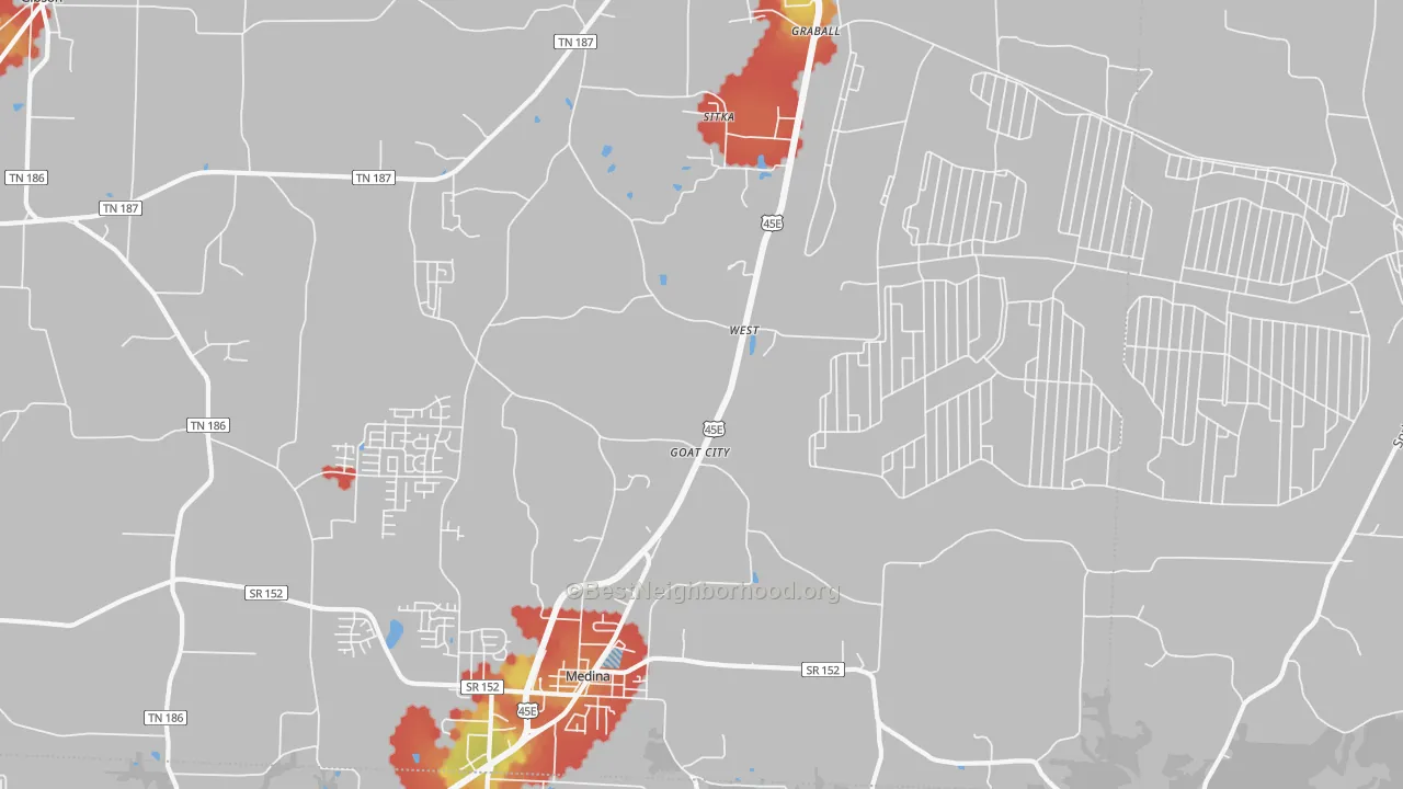 Walk Grade map of West, TN, walkable areas in green and car-dependent areas in red