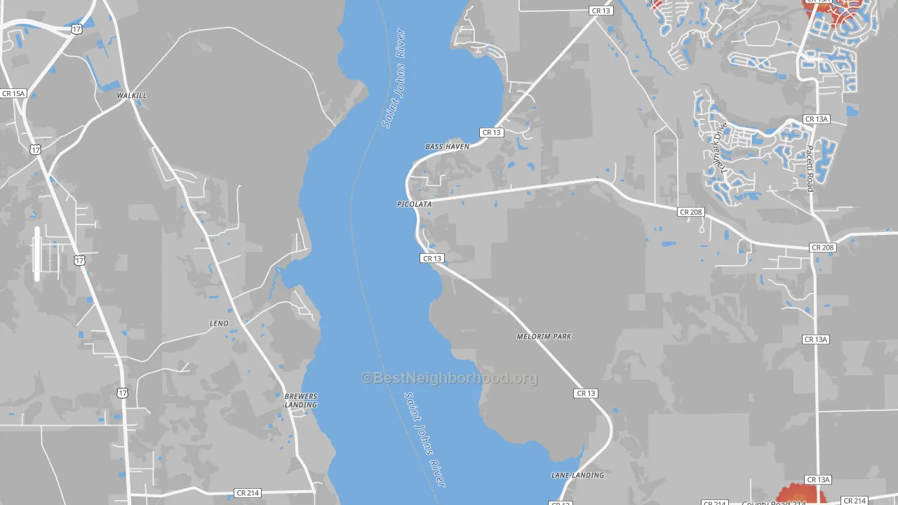 Walk Grade map of West Tocoi, FL, walkable areas in green and car-dependent areas in red