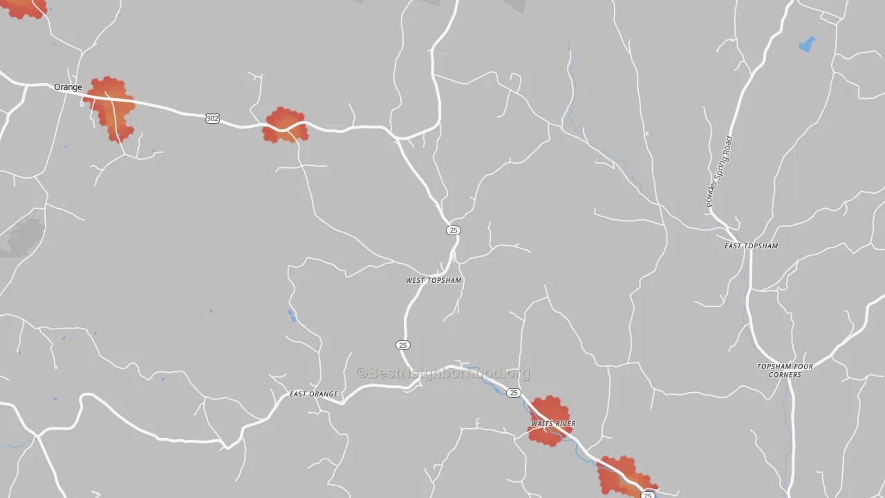 Walk Grade map of West Topsham, VT, walkable areas in green and car-dependent areas in red