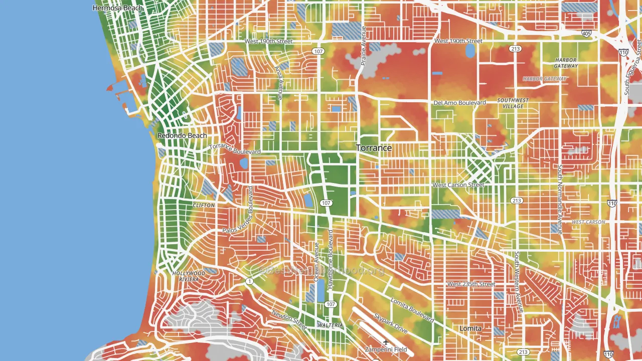 Walk Grade map of West Torrance, Torrance, CA, walkable areas in green and car-dependent areas in red