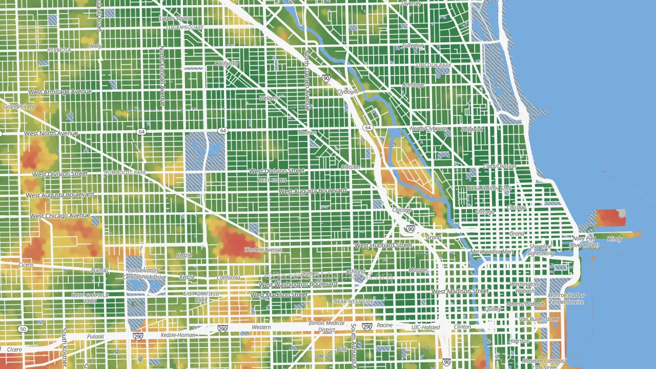 Walk Grade map of West Town, Chicago, IL, walkable areas in green and car-dependent areas in red