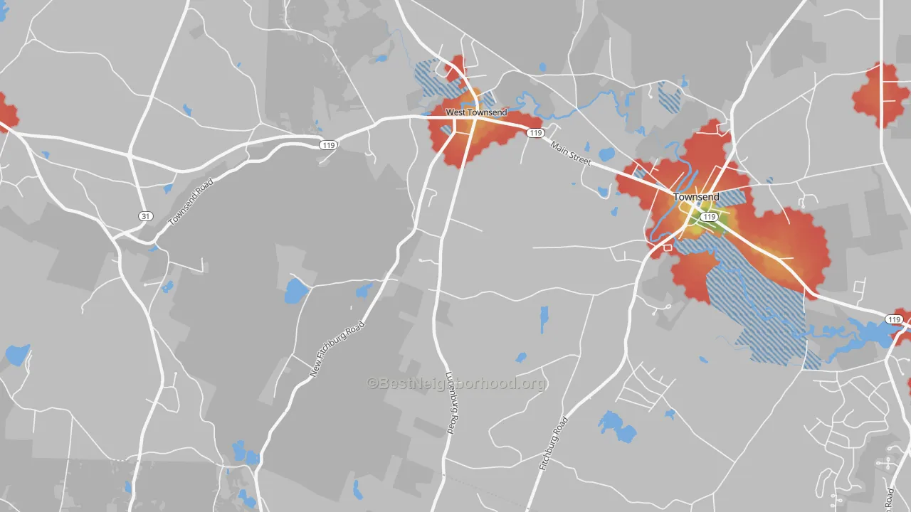 Walk Grade map of West Townsend, MA, walkable areas in green and car-dependent areas in red