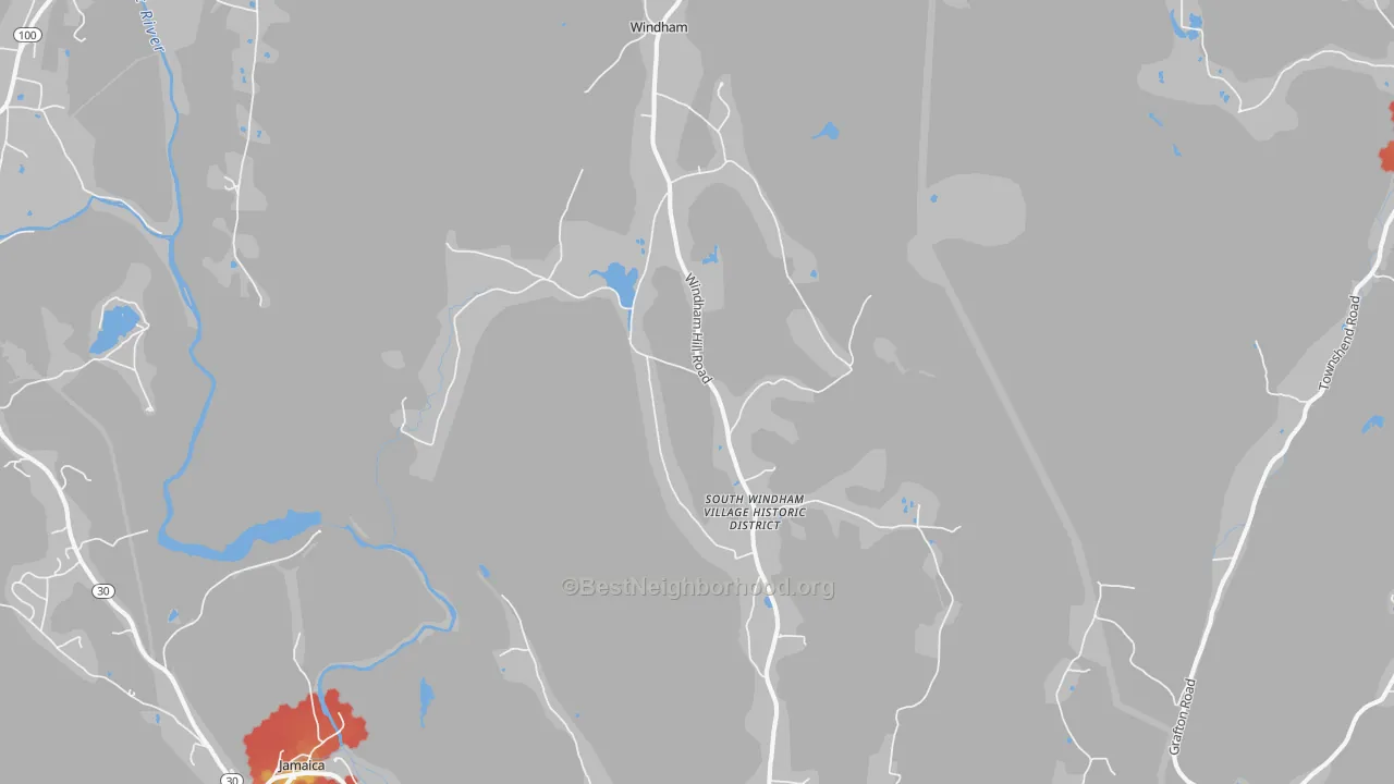 Walk Grade map of West Townshend, VT, walkable areas in green and car-dependent areas in red