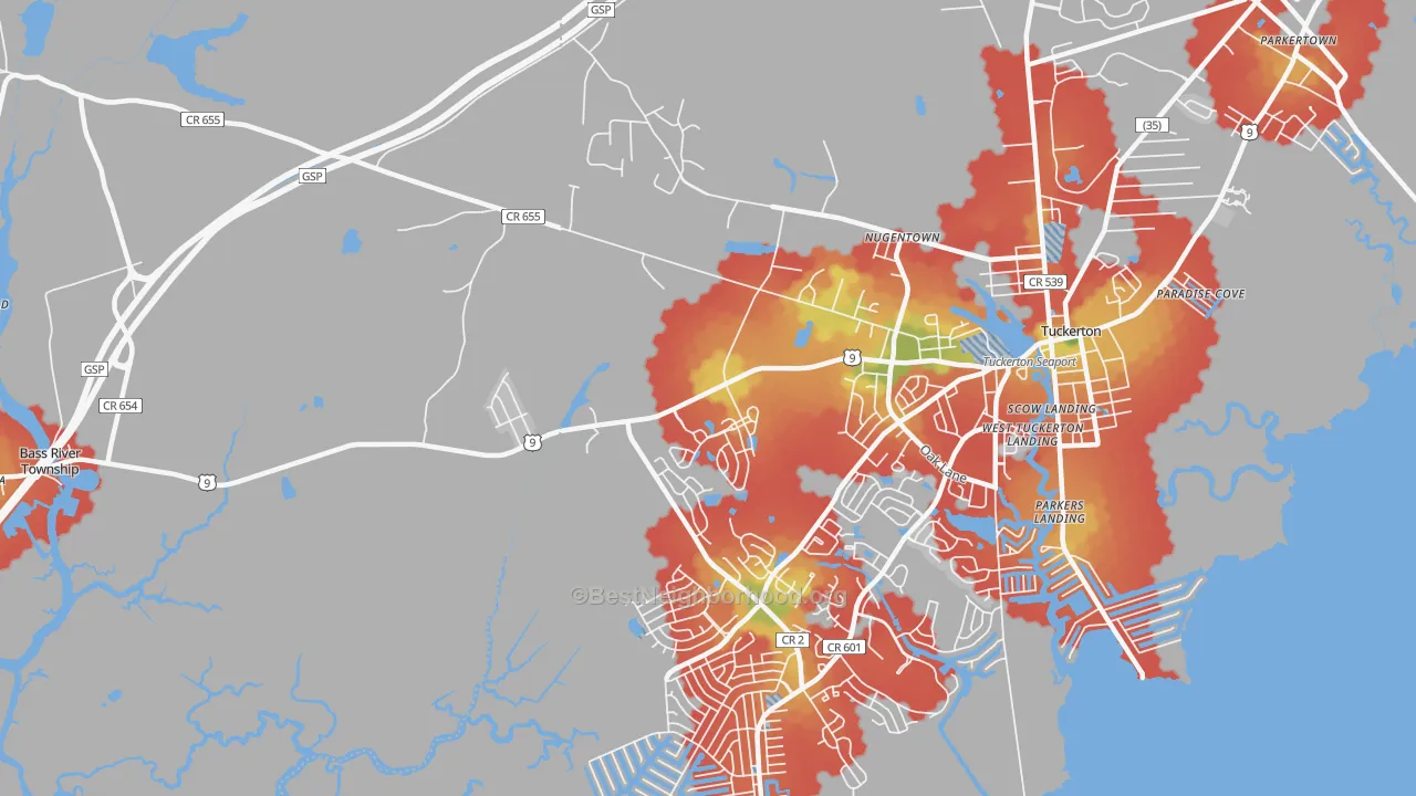Walk Grade map of West Tuckerton, NJ, walkable areas in green and car-dependent areas in red