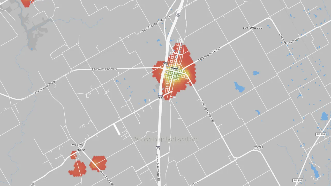 Walk Grade map of West, TX, walkable areas in green and car-dependent areas in red