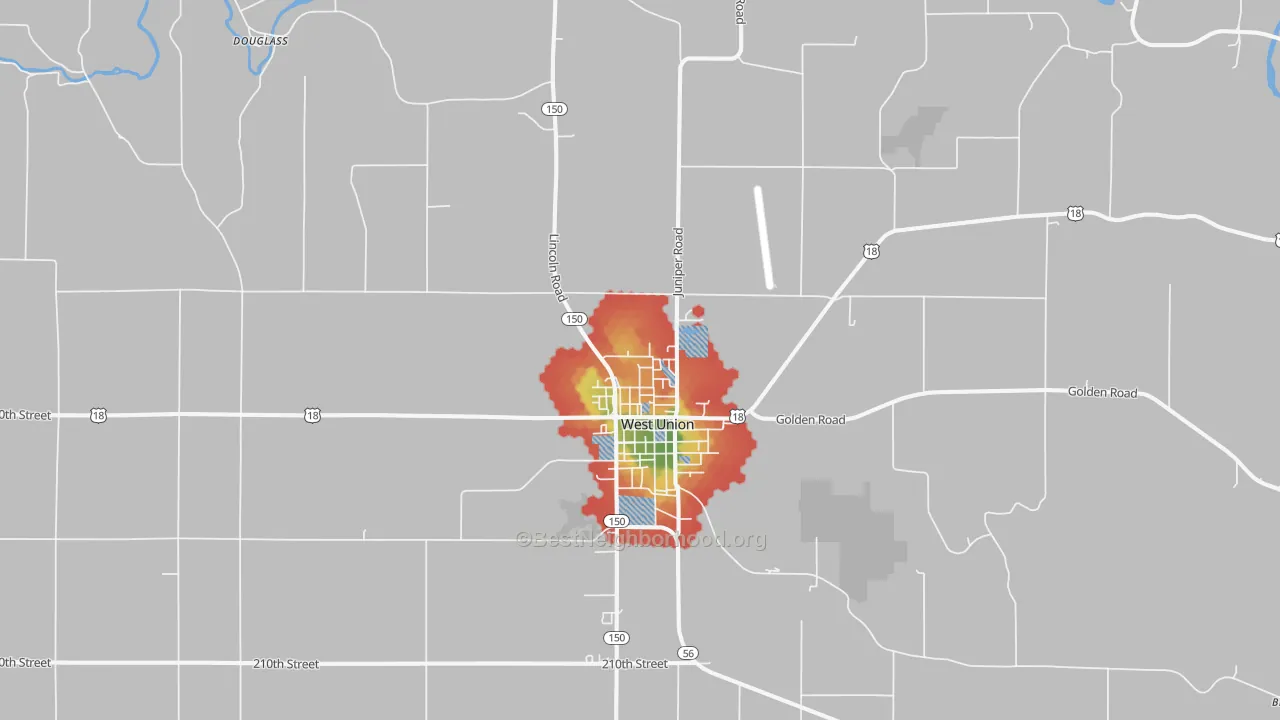 Walk Grade map of West Union, IA, walkable areas in green and car-dependent areas in red