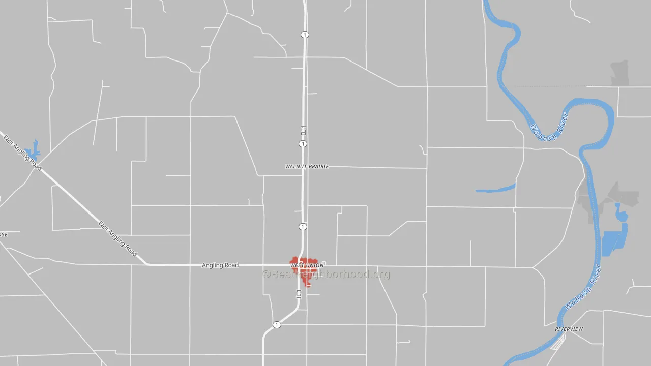 Walk Grade map of West Union, IL, walkable areas in green and car-dependent areas in red