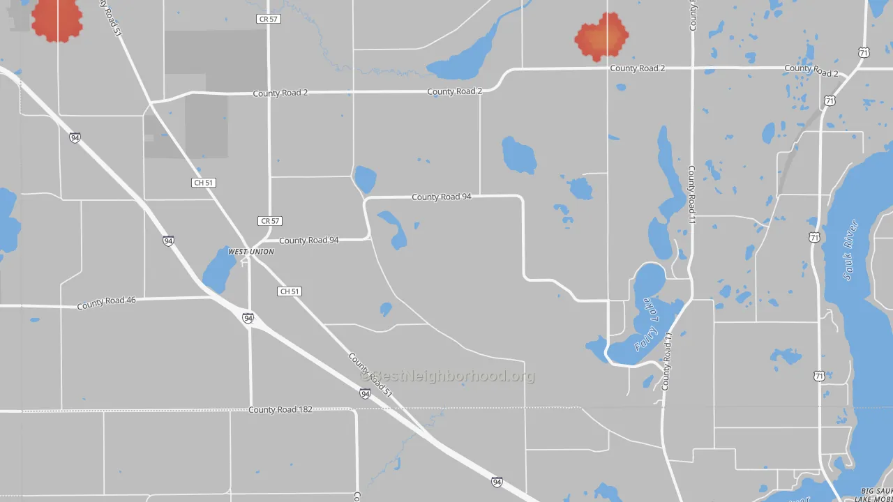 Walk Grade map of West Union, MN, walkable areas in green and car-dependent areas in red