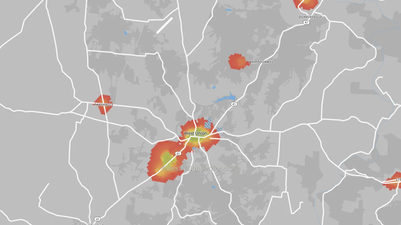 Walk Grade map of West Union, OH, walkable areas in green and car-dependent areas in red