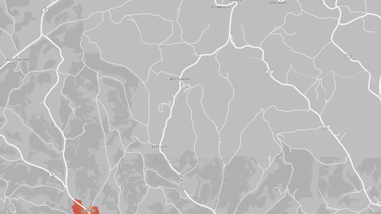 Walk Grade map of West Union, PA, walkable areas in green and car-dependent areas in red