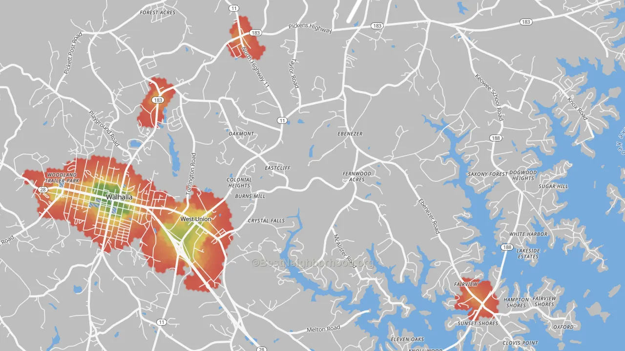Walk Grade map of West Union, SC, walkable areas in green and car-dependent areas in red