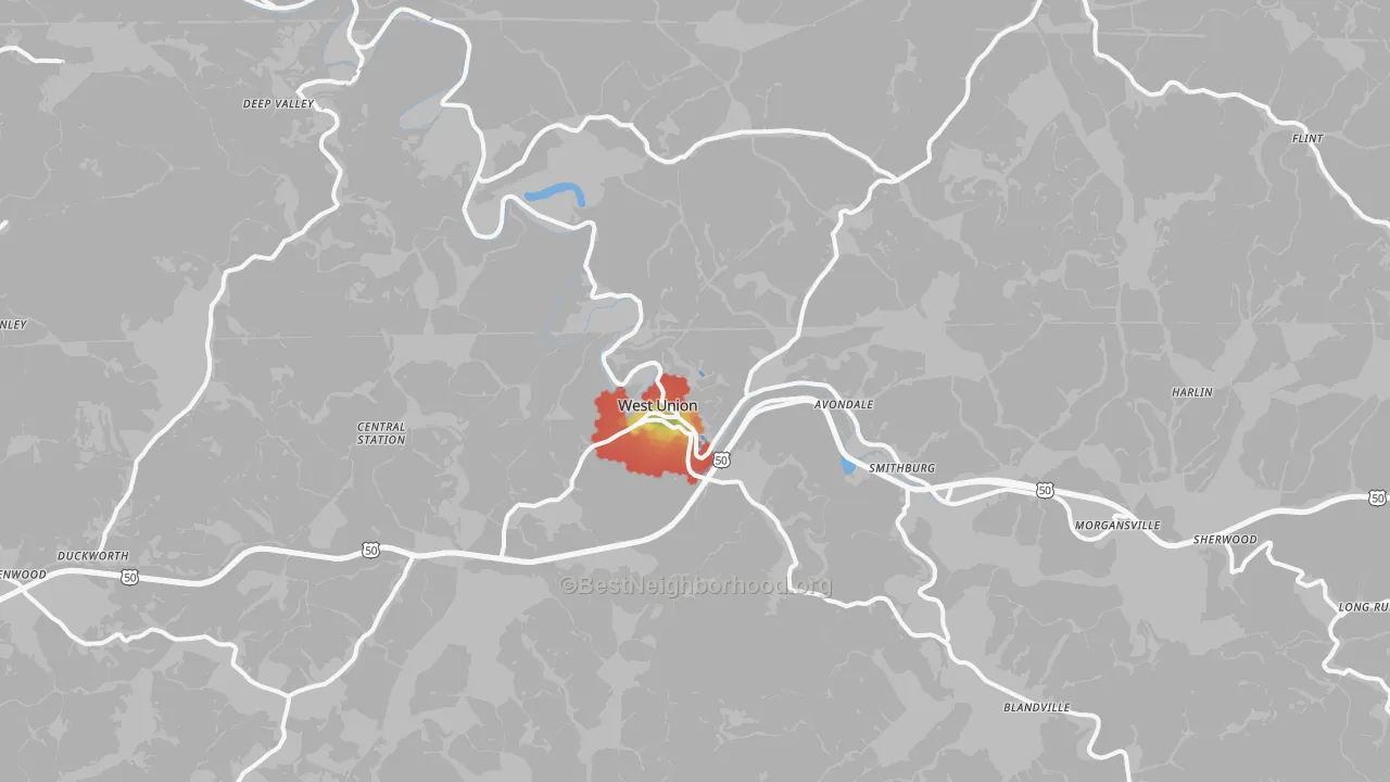 Walk Grade map of West Union, WV, walkable areas in green and car-dependent areas in red