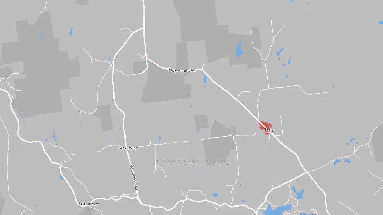 Walk Grade map of West Unity, NH, walkable areas in green and car-dependent areas in red