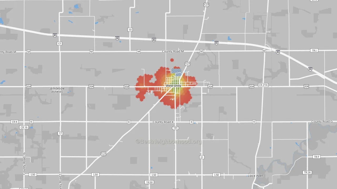 Walk Grade map of West Unity, OH, walkable areas in green and car-dependent areas in red